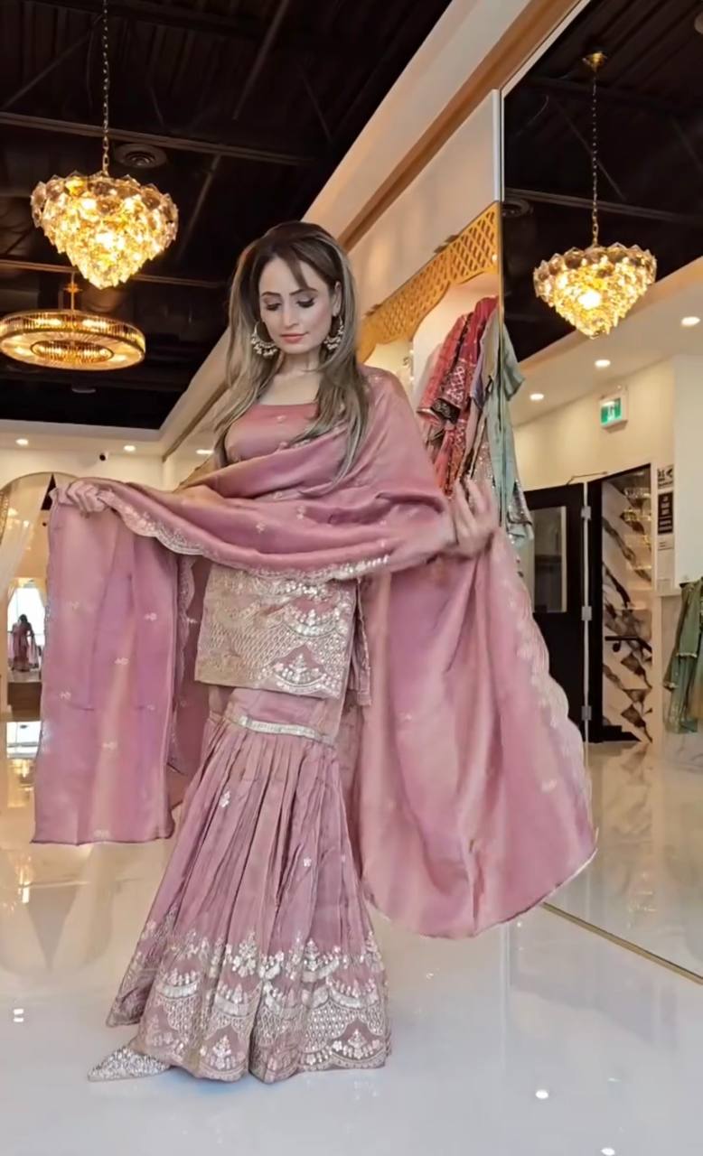 Wedding Wear Peach Color Heavy Chinon Silk Sharara For Girls