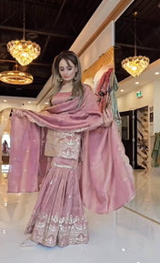 Wedding Wear Peach Color Heavy Chinon Silk Sharara For Girls