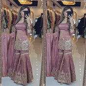 Wedding Wear Peach Color Heavy Chinon Silk Sharara For Girls