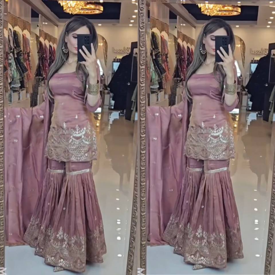 Wedding Wear Peach Color Heavy Chinon Silk Sharara For Girls
