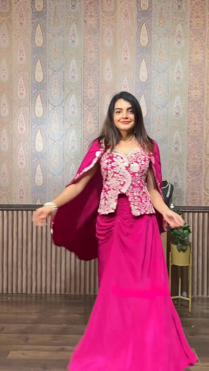 Party Wear Pink Color Chinon Silk Western Wear For Girls