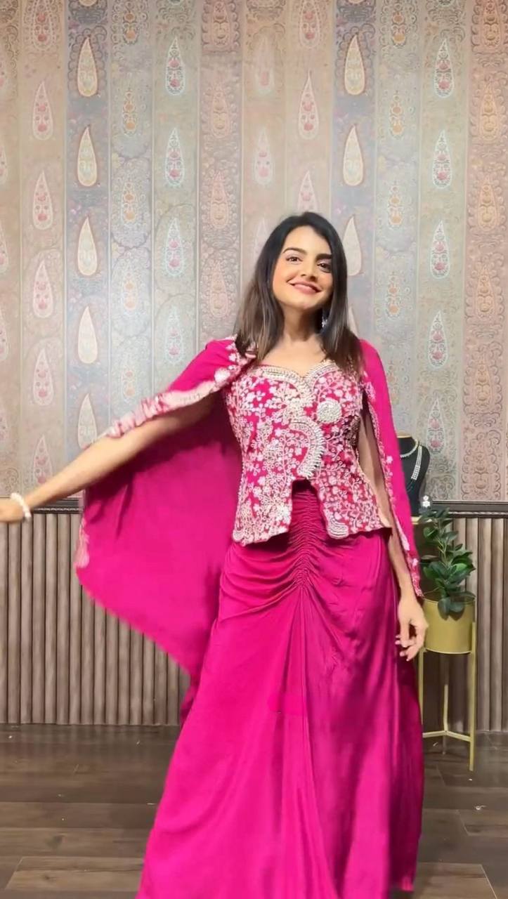 Party Wear Pink Color Chinon Silk Western Wear For Girls