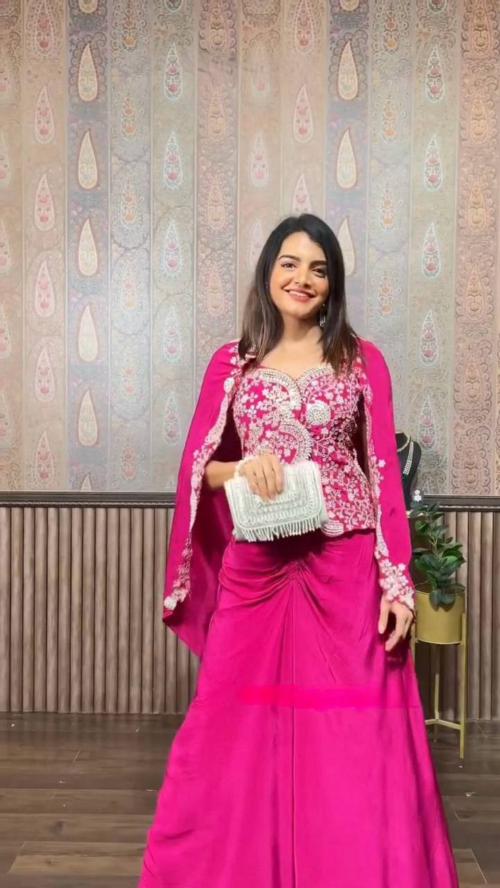 Party Wear Pink Color Chinon Silk Western Wear For Girls