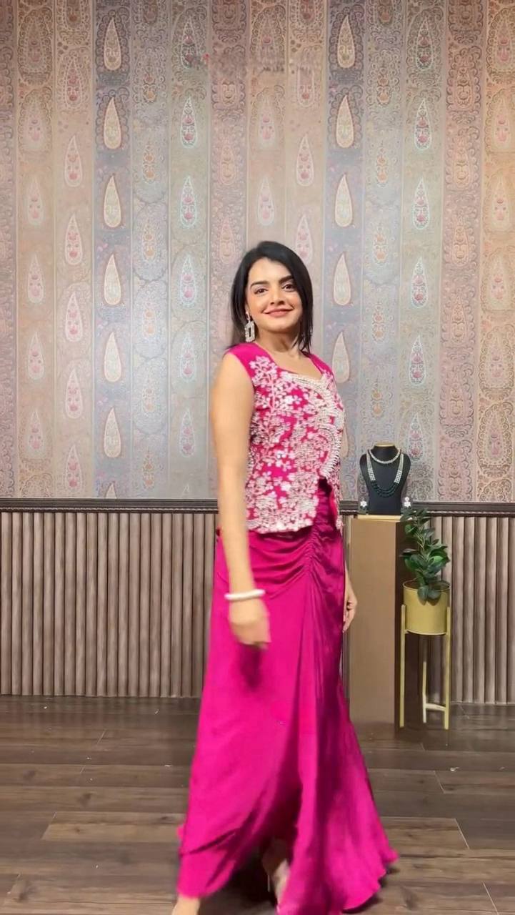 Party Wear Pink Color Chinon Silk Western Wear For Girls