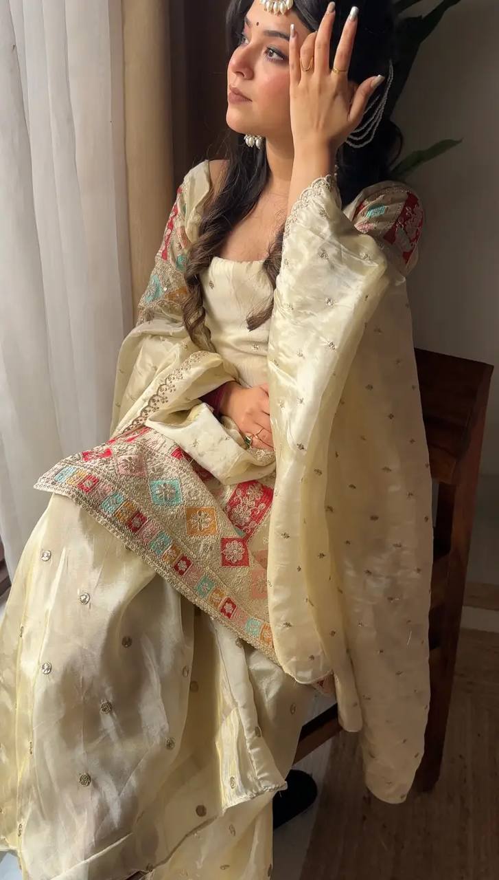 Party Wear Off White Color Heavy Chinon Silk For Girls