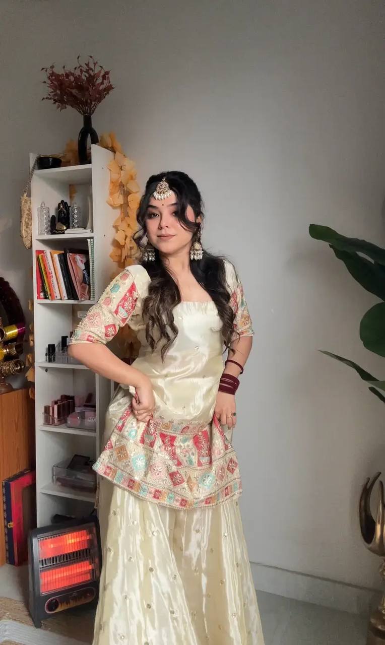Party Wear Off White Color Heavy Chinon Silk For Girls