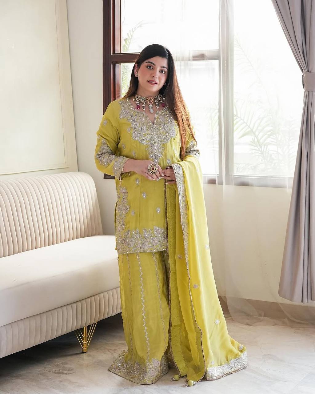 Wedding Wear Yellow Color Heavy Chinon Silk Sharara For Girls