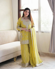 Wedding Wear Yellow Color Heavy Chinon Silk Sharara For Girls