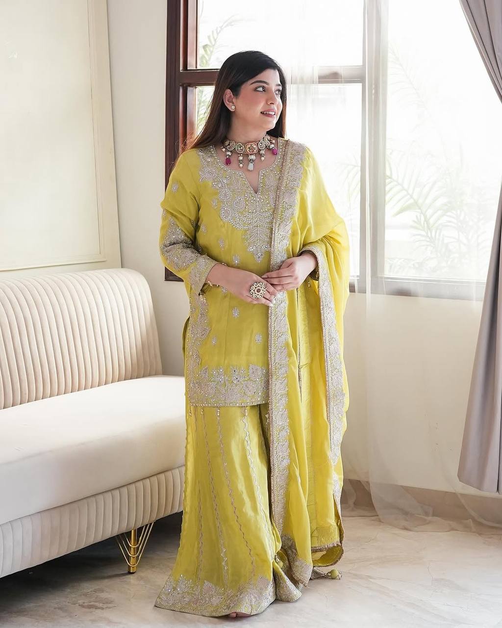 Wedding Wear Yellow Color Heavy Chinon Silk Sharara For Girls