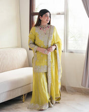 Wedding Wear Yellow Color Heavy Chinon Silk Sharara For Girls