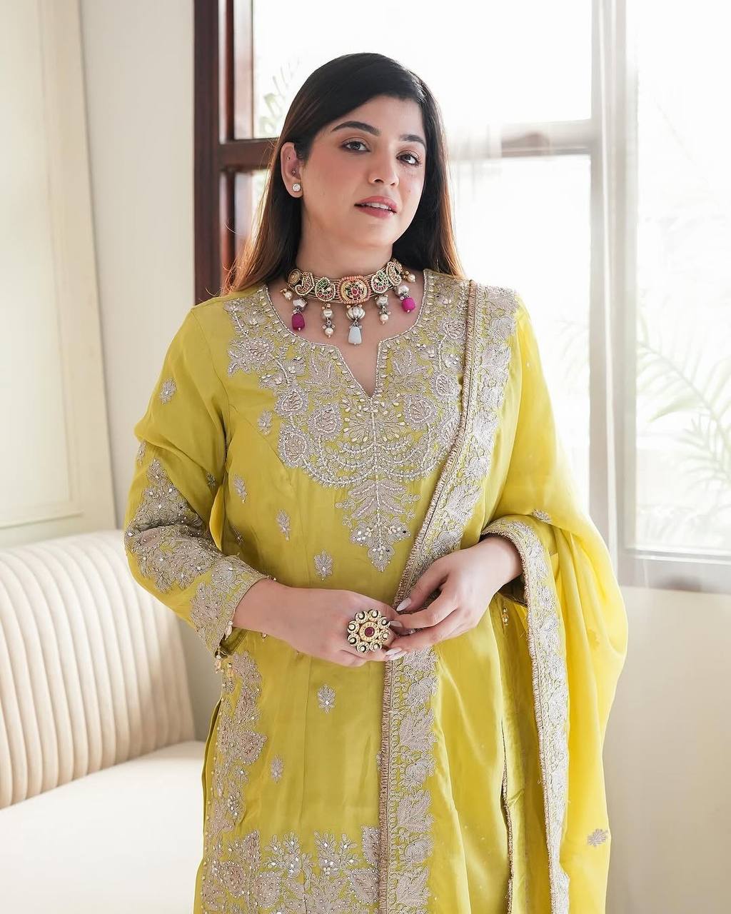 Wedding Wear Yellow Color Heavy Chinon Silk Sharara For Girls