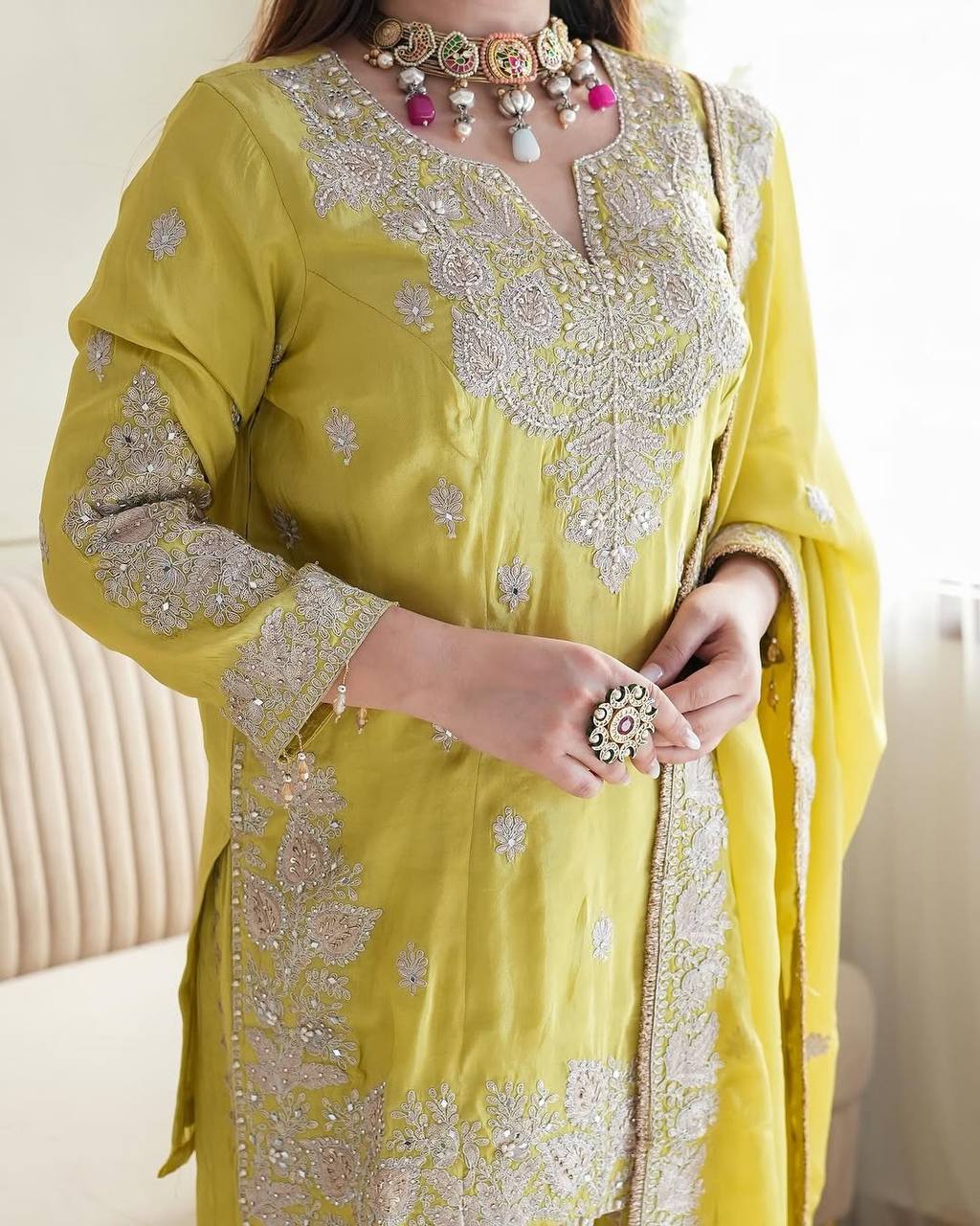 Wedding Wear Yellow Color Heavy Chinon Silk Sharara For Girls