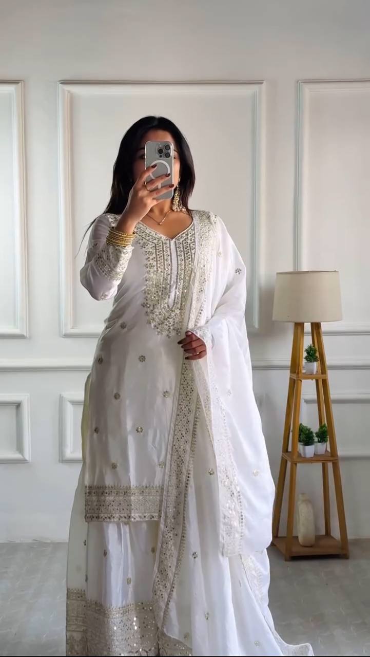 Wedding Wear White Color Chinnon Silk Salwar Suit for girls