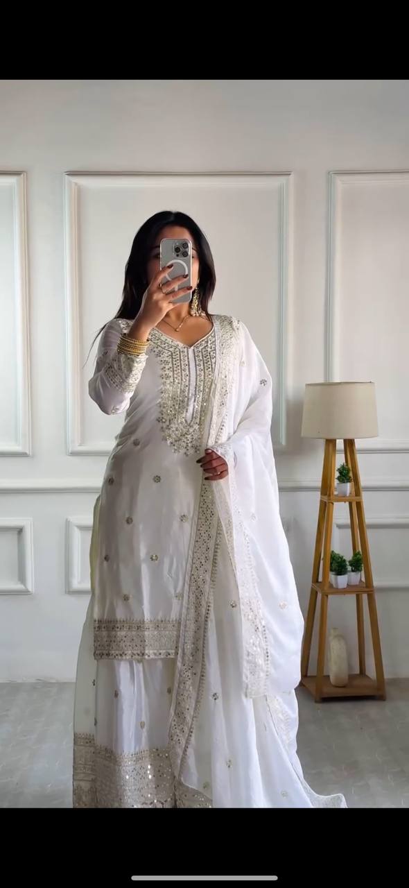 Wedding Wear White Color Chinnon Silk Salwar Suit for girls
