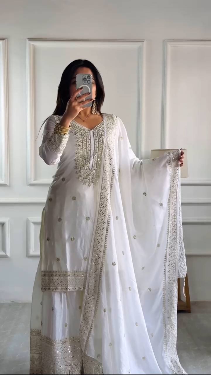 Wedding Wear White Color Chinnon Silk Salwar Suit for girls