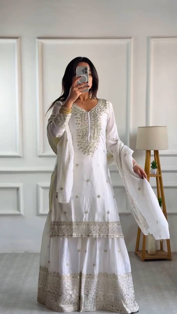 Wedding Wear White Color Chinnon Silk Salwar Suit for girls