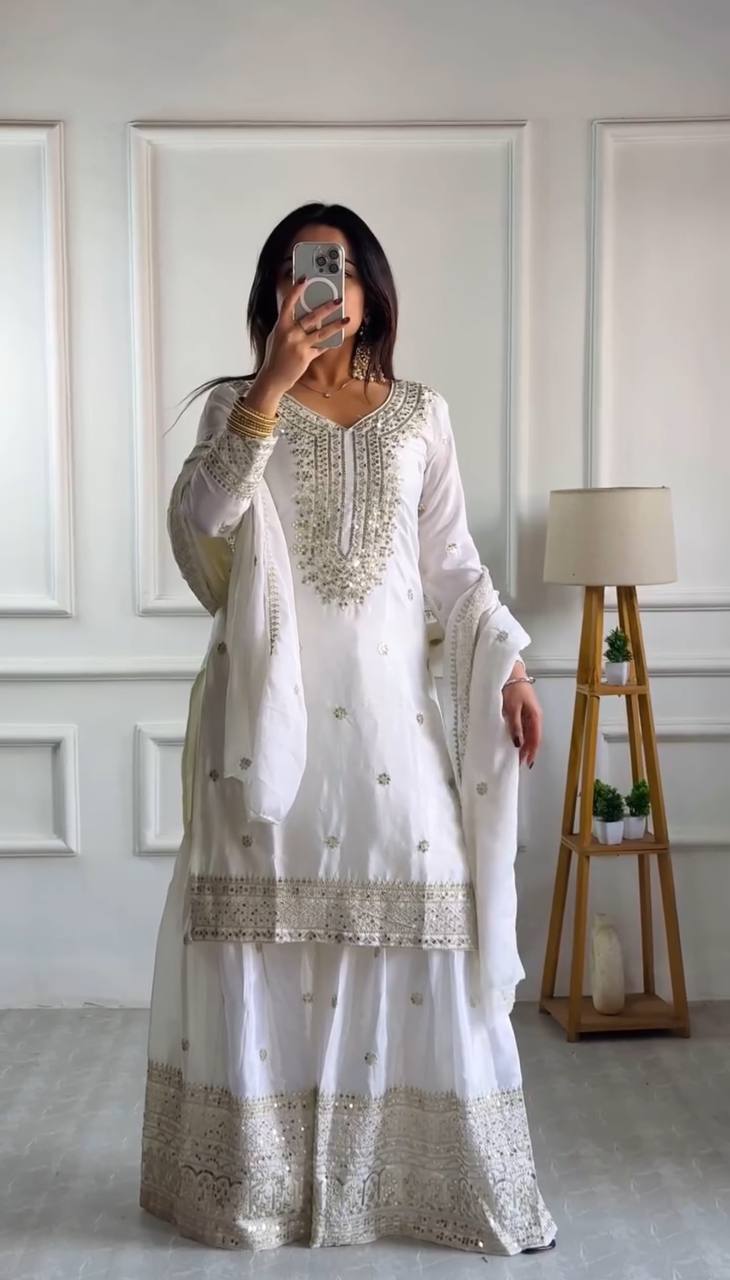 Wedding Wear White Color Chinnon Silk Salwar Suit for girls