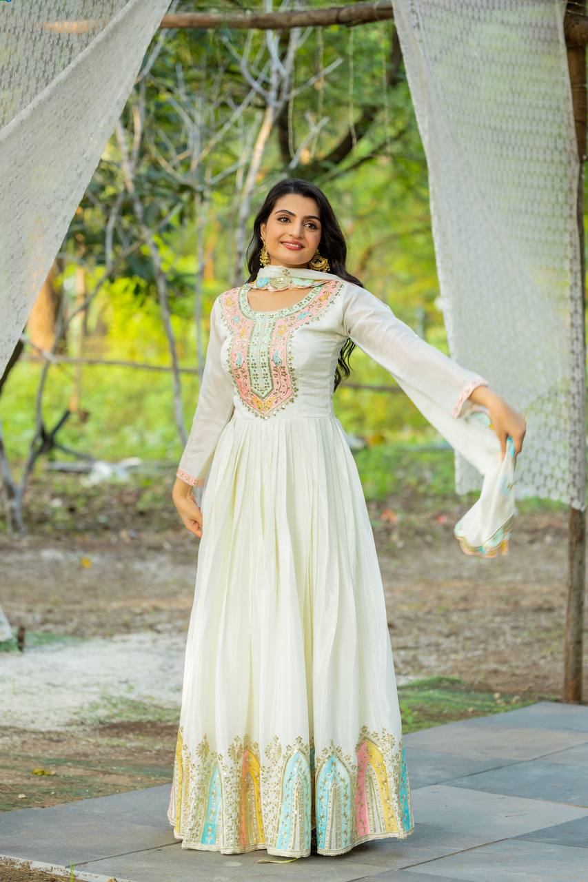 Wedding Wear White Color Chinon Silk Gown For Girls