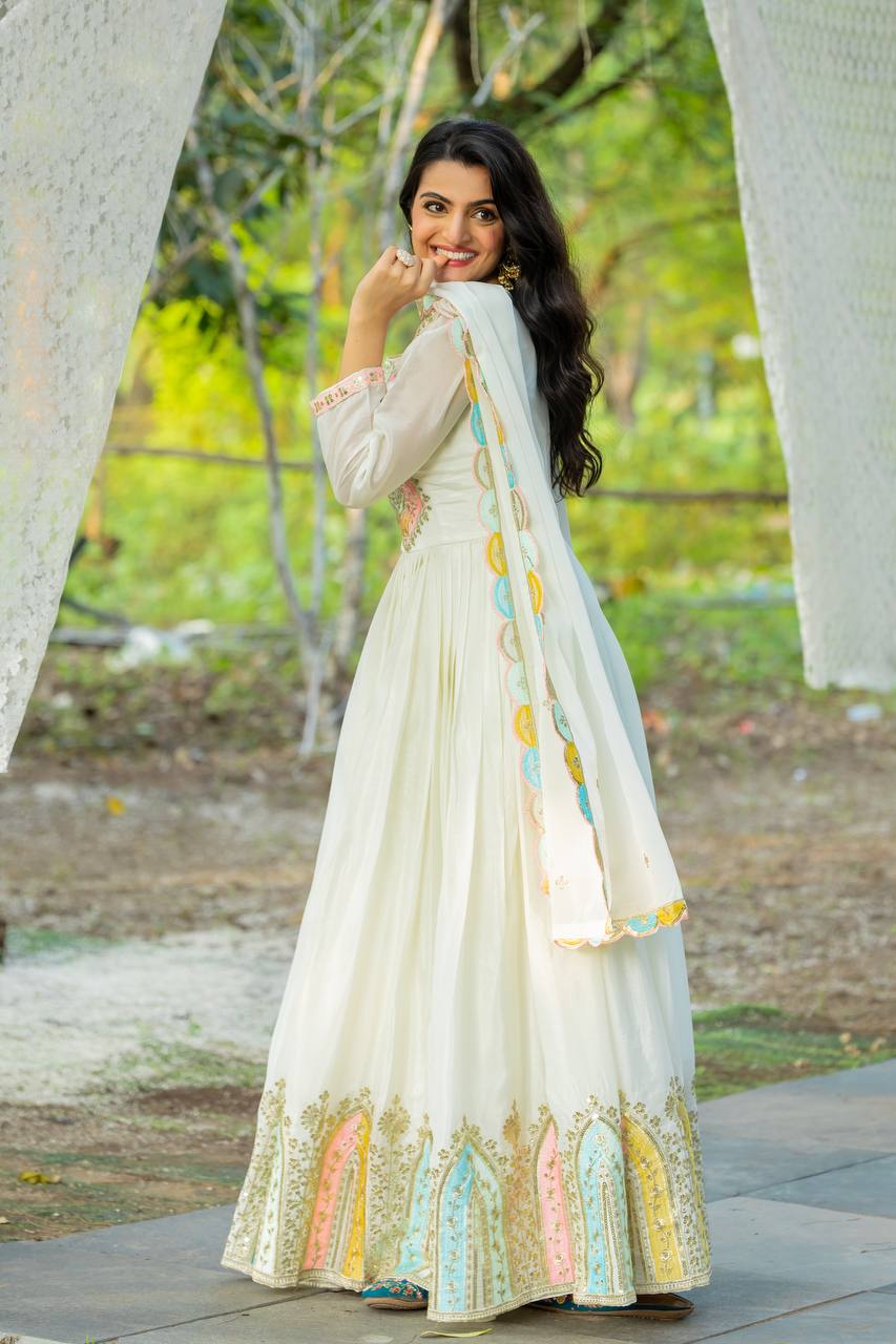 Wedding Wear White Color Chinon Silk Gown For Girls