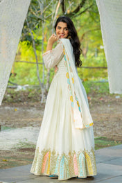 Wedding Wear White Color Chinon Silk Gown For Girls