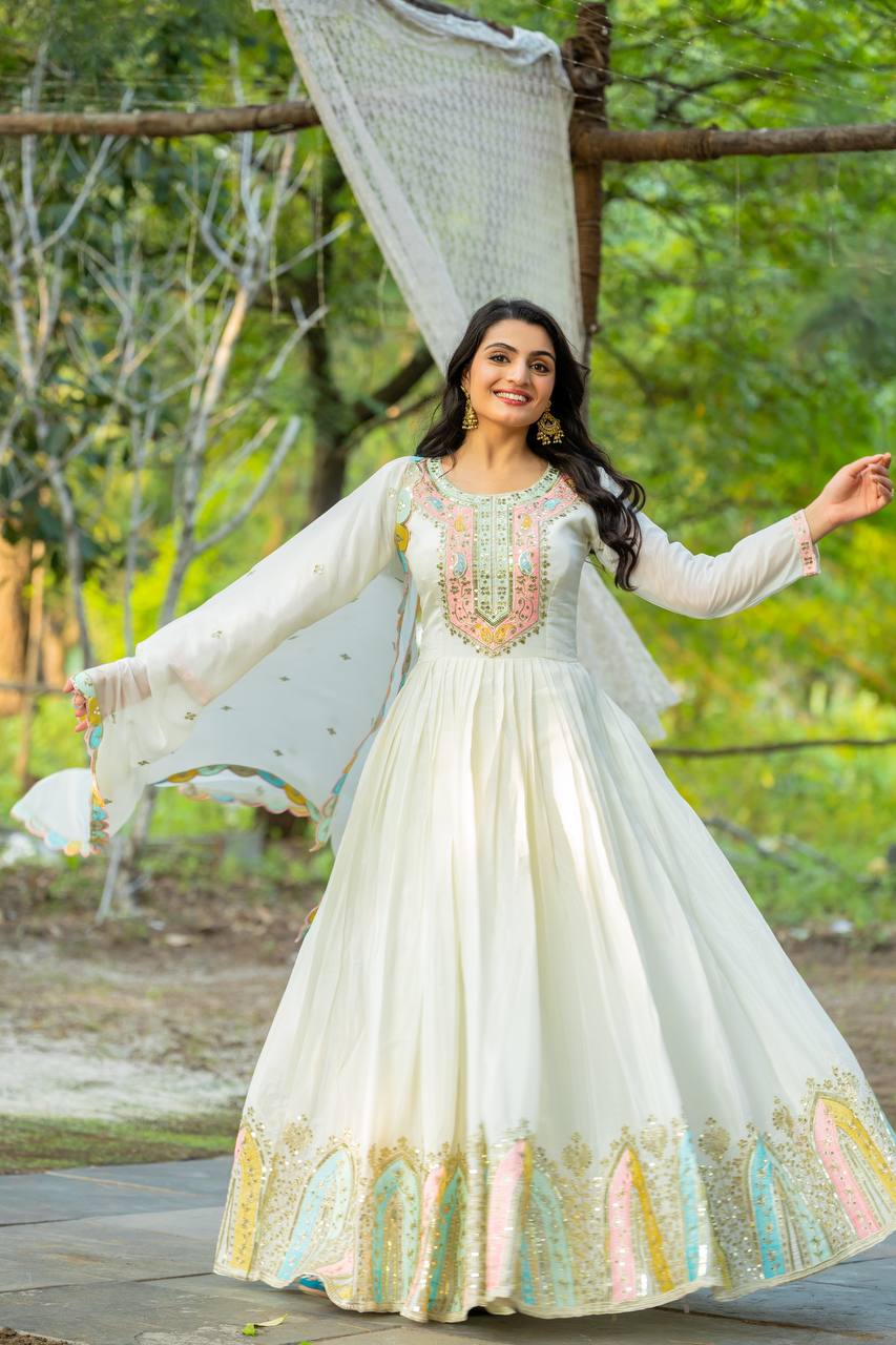 Wedding Wear White Color Chinon Silk Gown For Girls