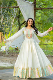 Wedding Wear White Color Chinon Silk Gown For Girls