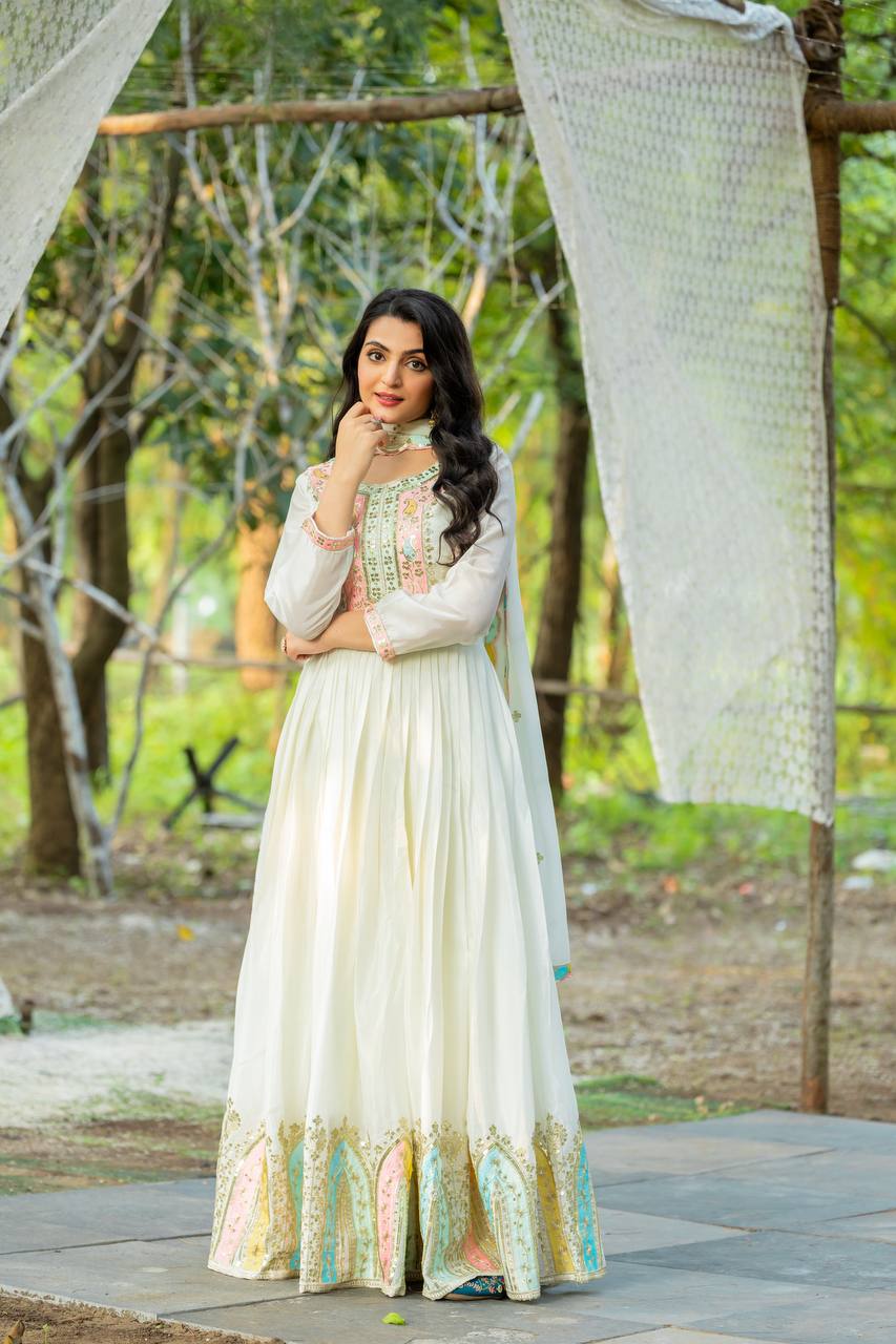 Wedding Wear White Color Chinon Silk Gown For Girls