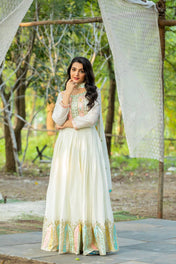 Wedding Wear White Color Chinon Silk Gown For Girls