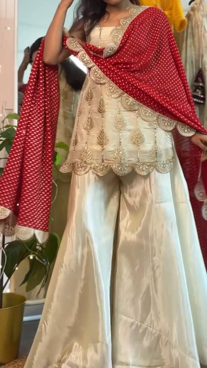 Party Wear White Color Heavy Tedy Crush Sharara For Women