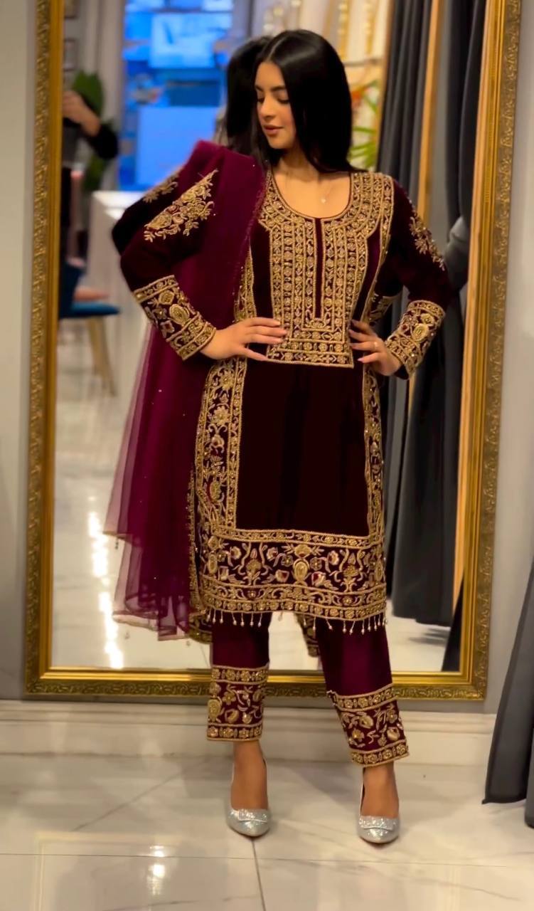 Party Wear Maroon Color Look Velvet Suit For Girls