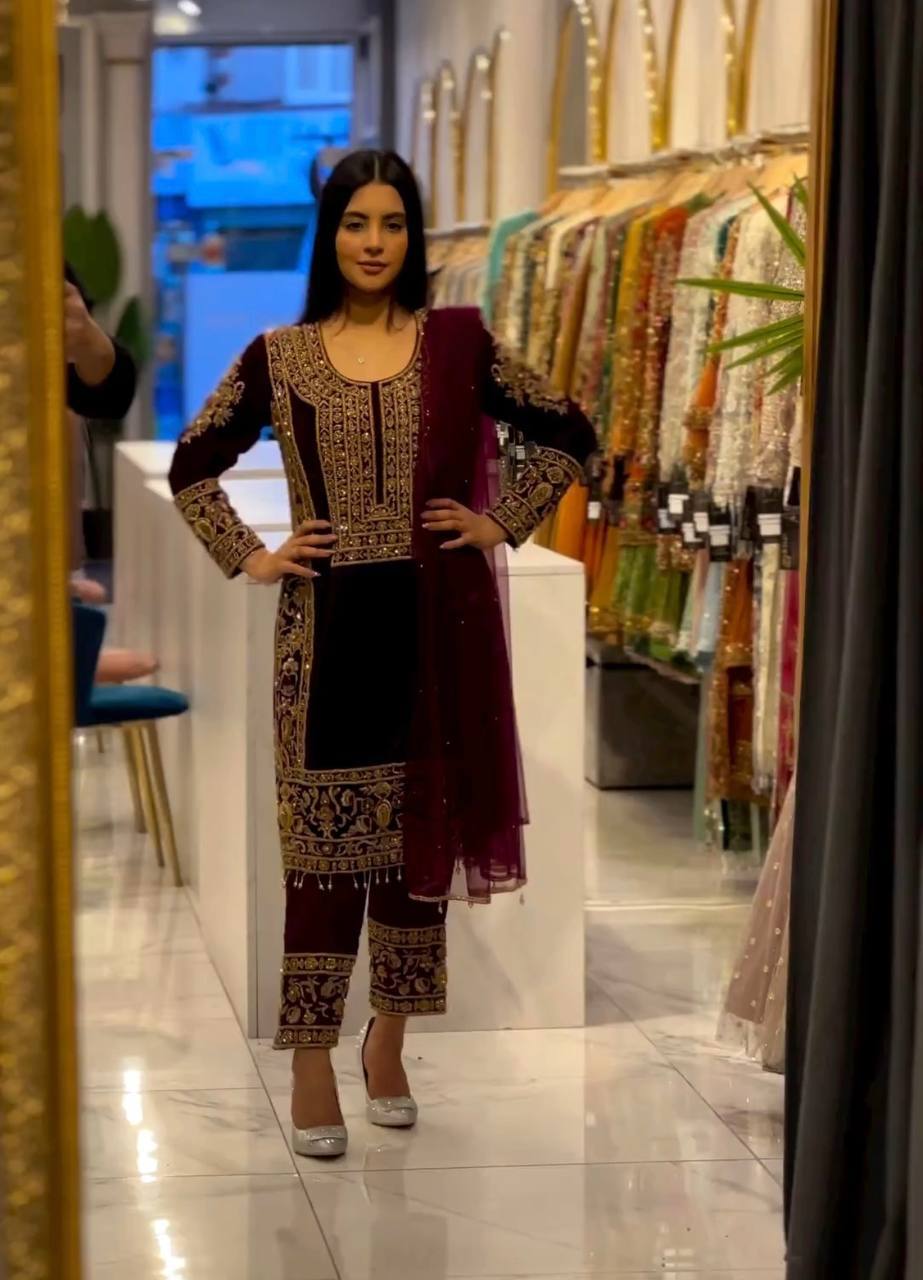 Party Wear Maroon Color Look Velvet Suit For Girls