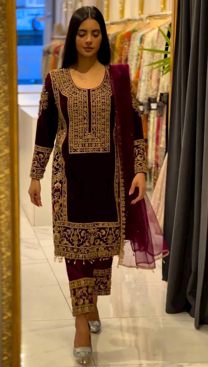 Party Wear Maroon Color Look Velvet Suit For Girls