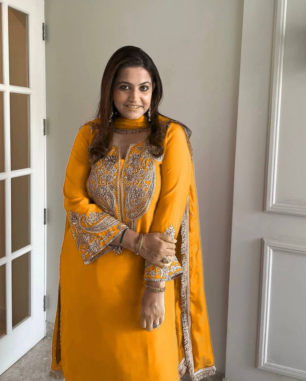 Wedding Wear Yellow Color Pure Chinon Silk Kurti For Girls