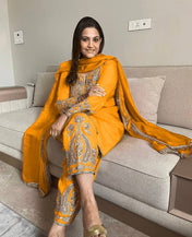 Wedding Wear Yellow Color Pure Chinon Silk Kurti For Girls