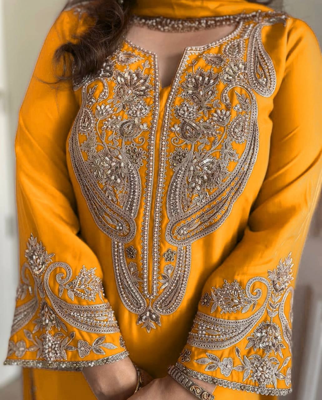 Wedding Wear Yellow Color Pure Chinon Silk Kurti For Girls