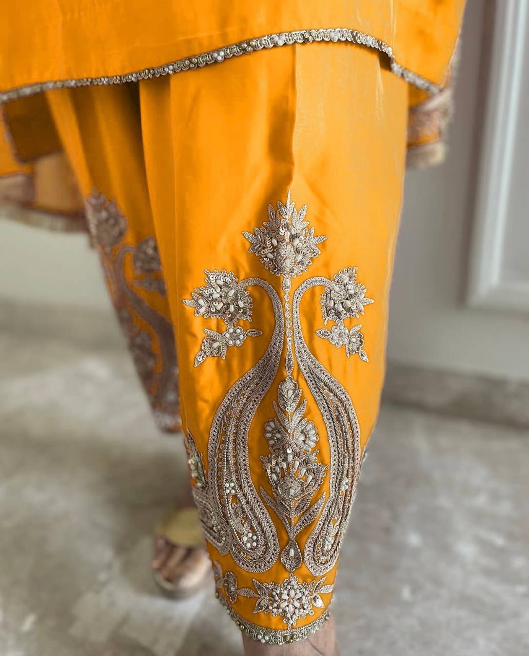 Wedding Wear Yellow Color Pure Chinon Silk Kurti For Girls