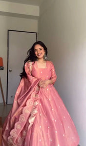Wedding Wear Pink Color Havy Gold Crush Silk Gown For Girls