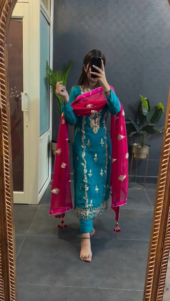 SKY BLUE COLOR HEAVY EMBROIDERY KURTI FOR GIRLS