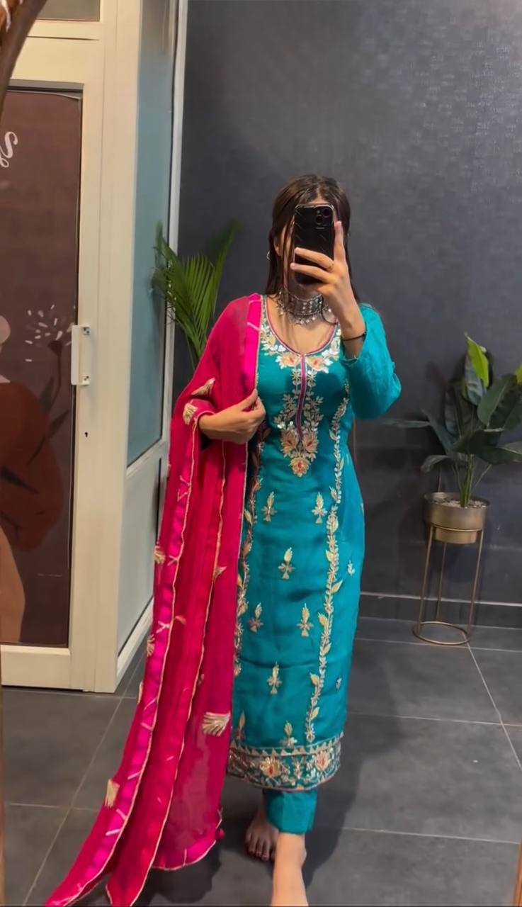 SKY BLUE COLOR HEAVY EMBROIDERY KURTI FOR GIRLS