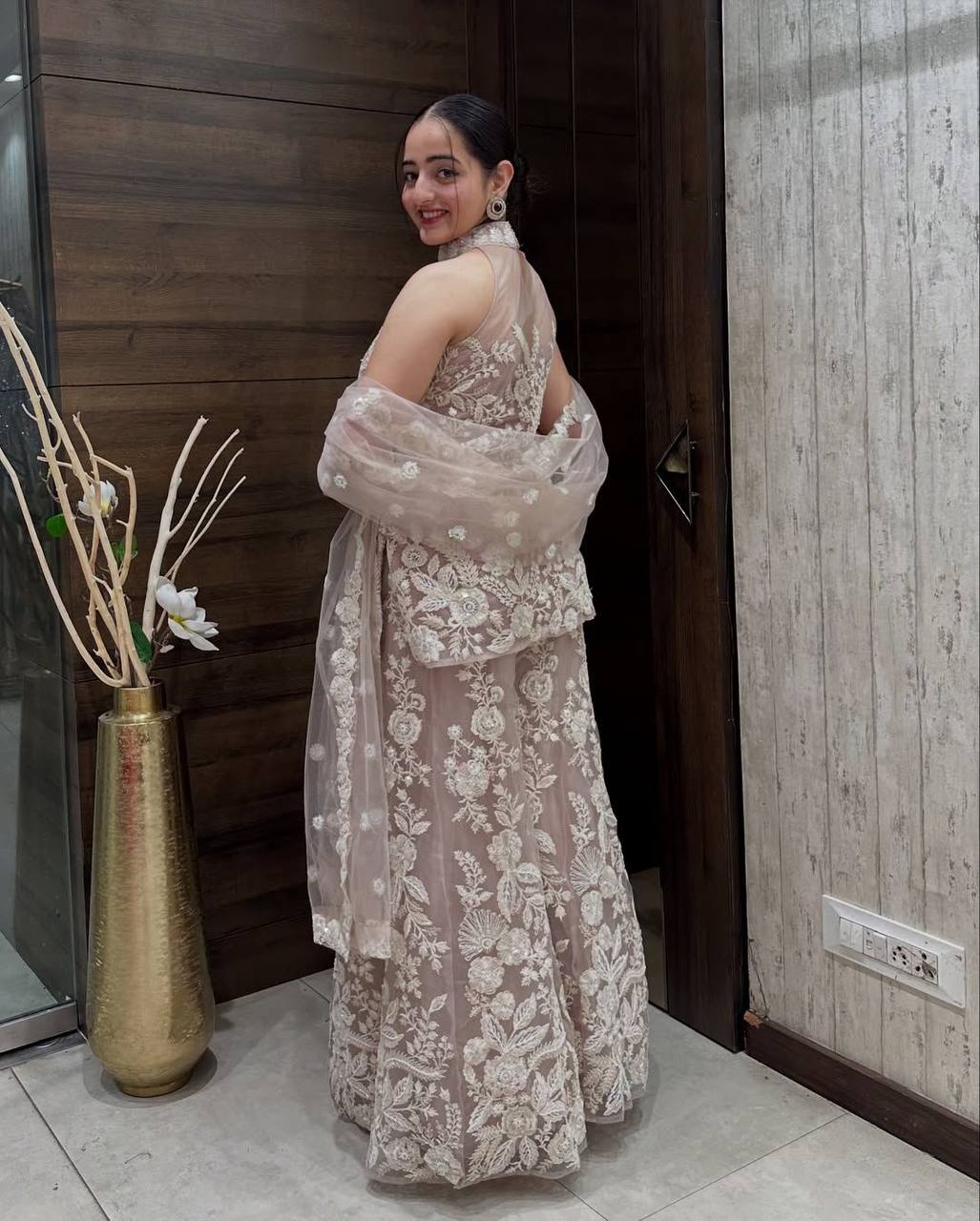 Wedding Wear Cream Color Butterfly Net Sharara Wear For Girls