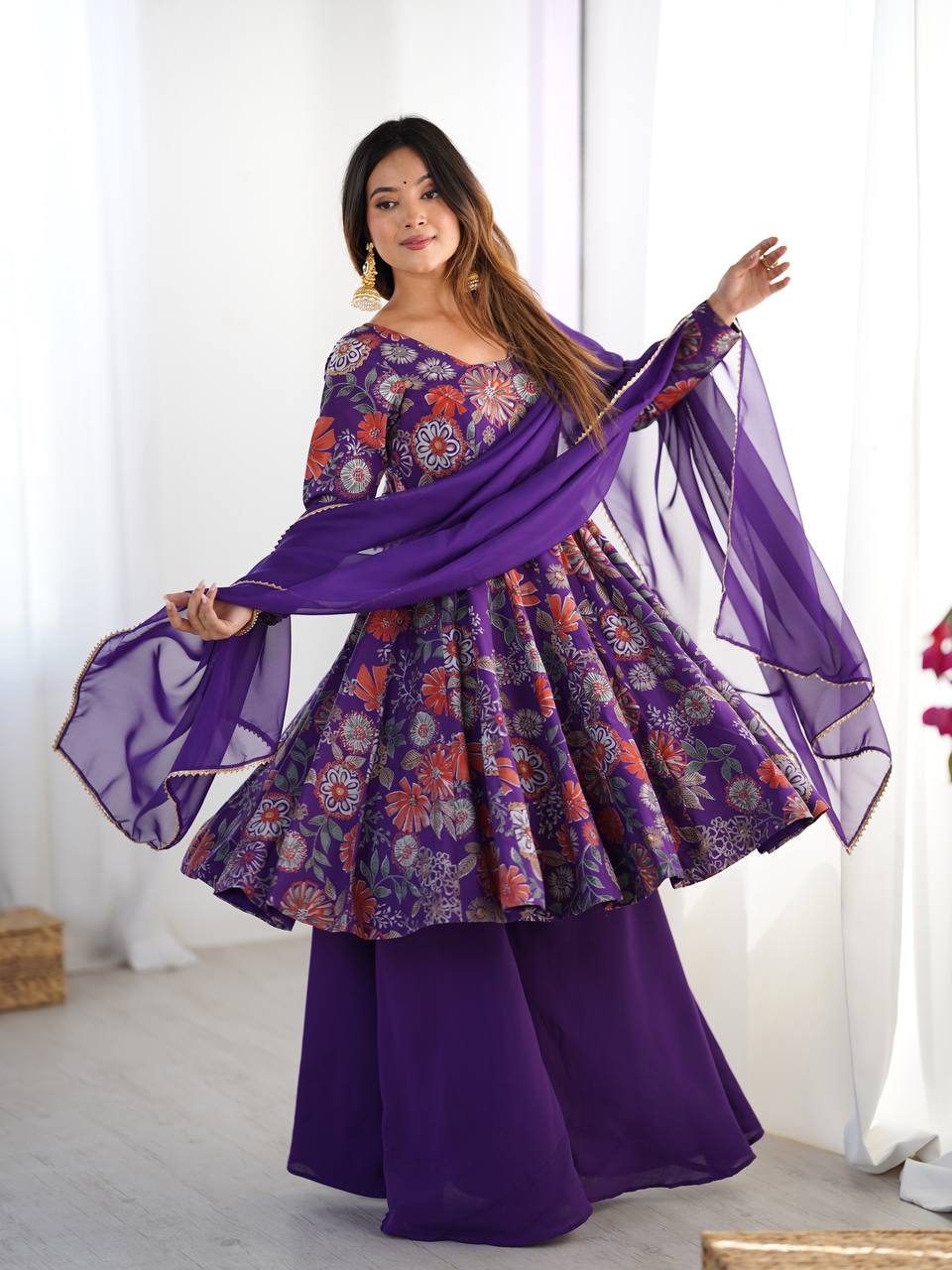Wedding Wear Purple Color Heavy Pure Soft Chanderi Gown For Girls
