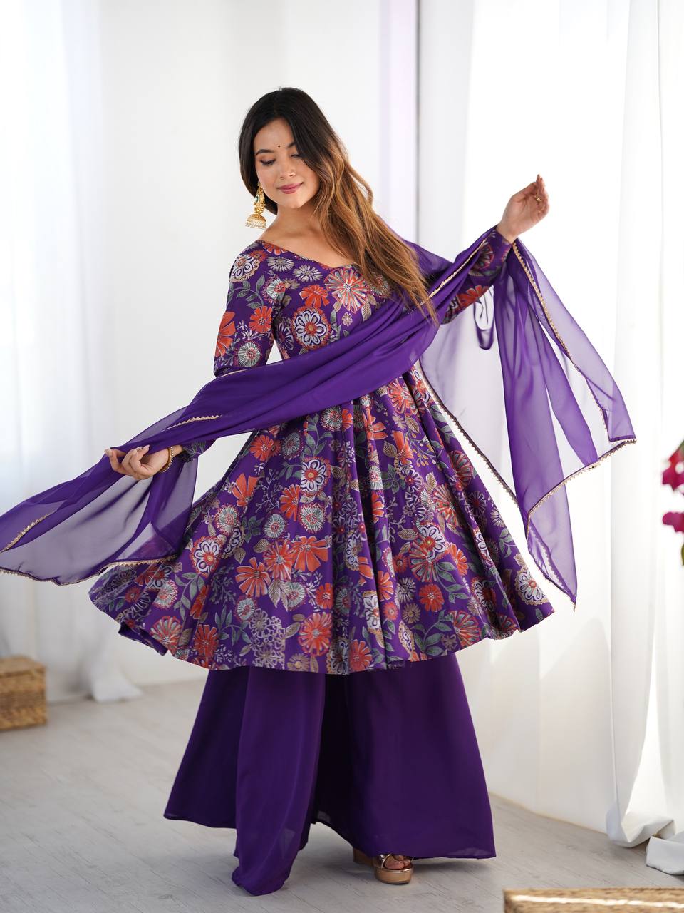 Wedding Wear Purple Color Heavy Pure Soft Chanderi Gown For Girls