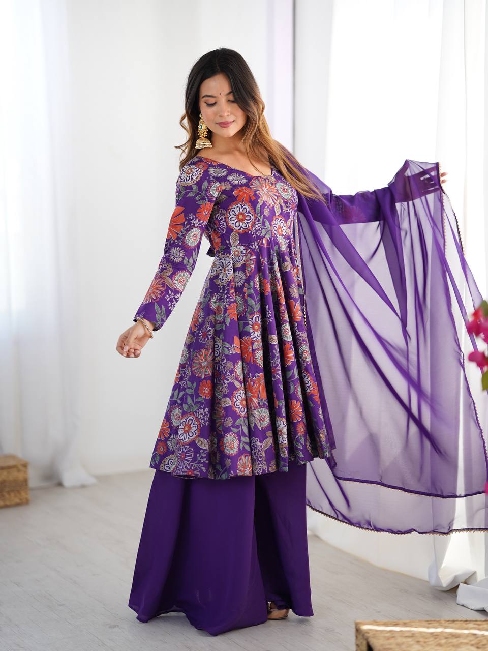 Wedding Wear Purple Color Heavy Pure Soft Chanderi Gown For Girls