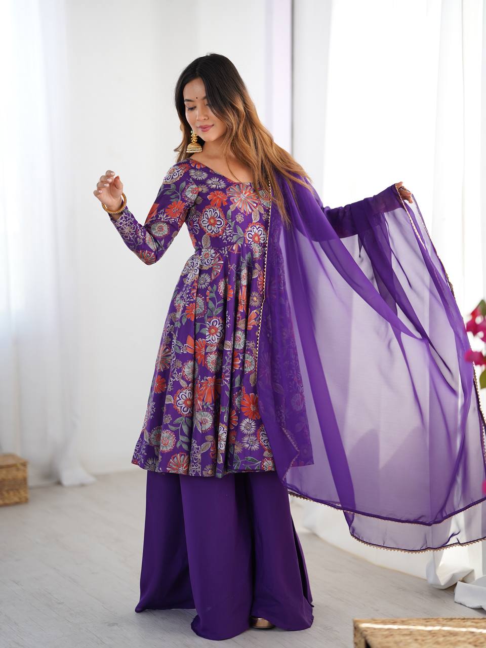 Wedding Wear Purple Color Heavy Pure Soft Chanderi Gown For Girls