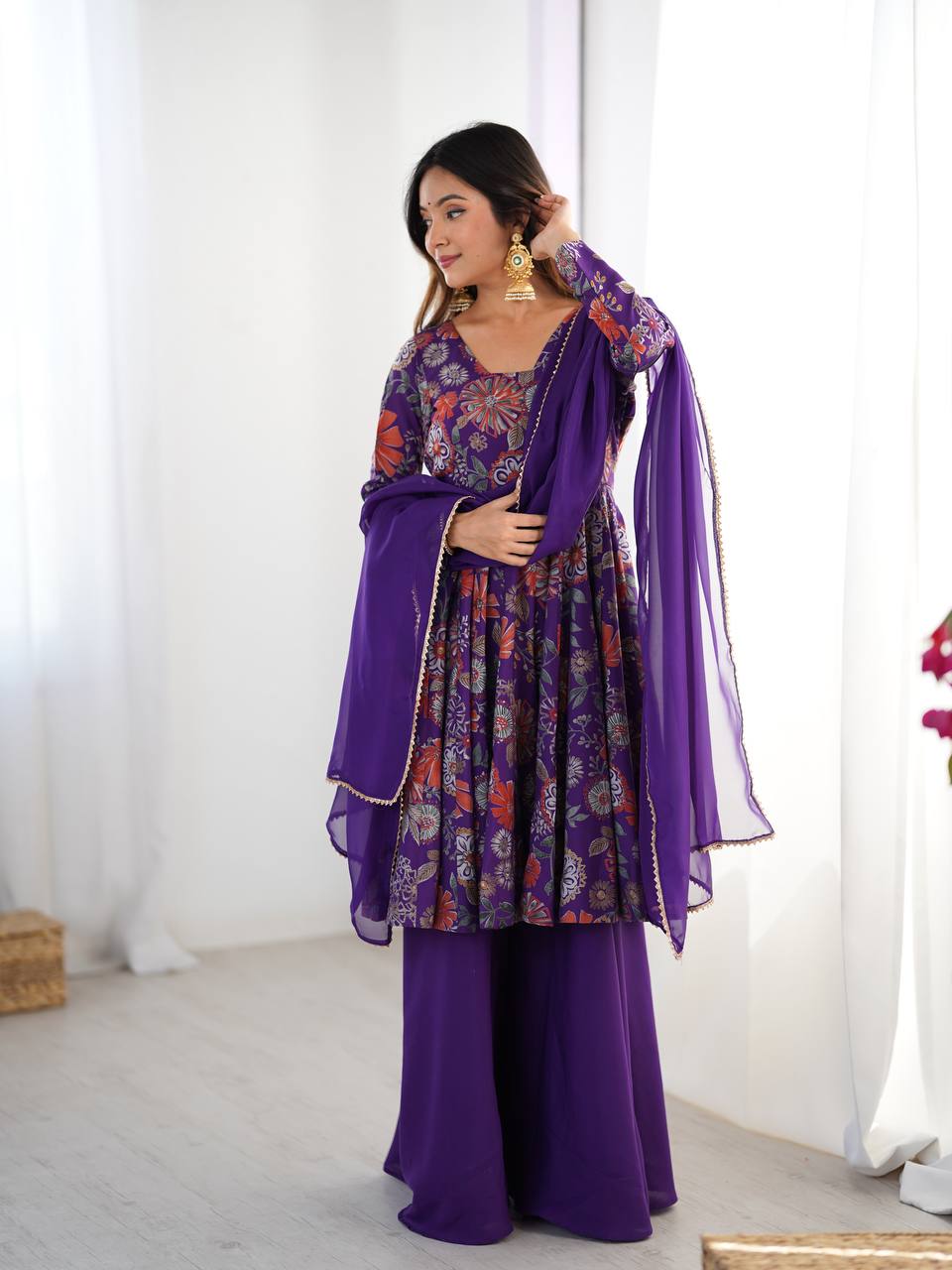 Wedding Wear Purple Color Heavy Pure Soft Chanderi Gown For Girls