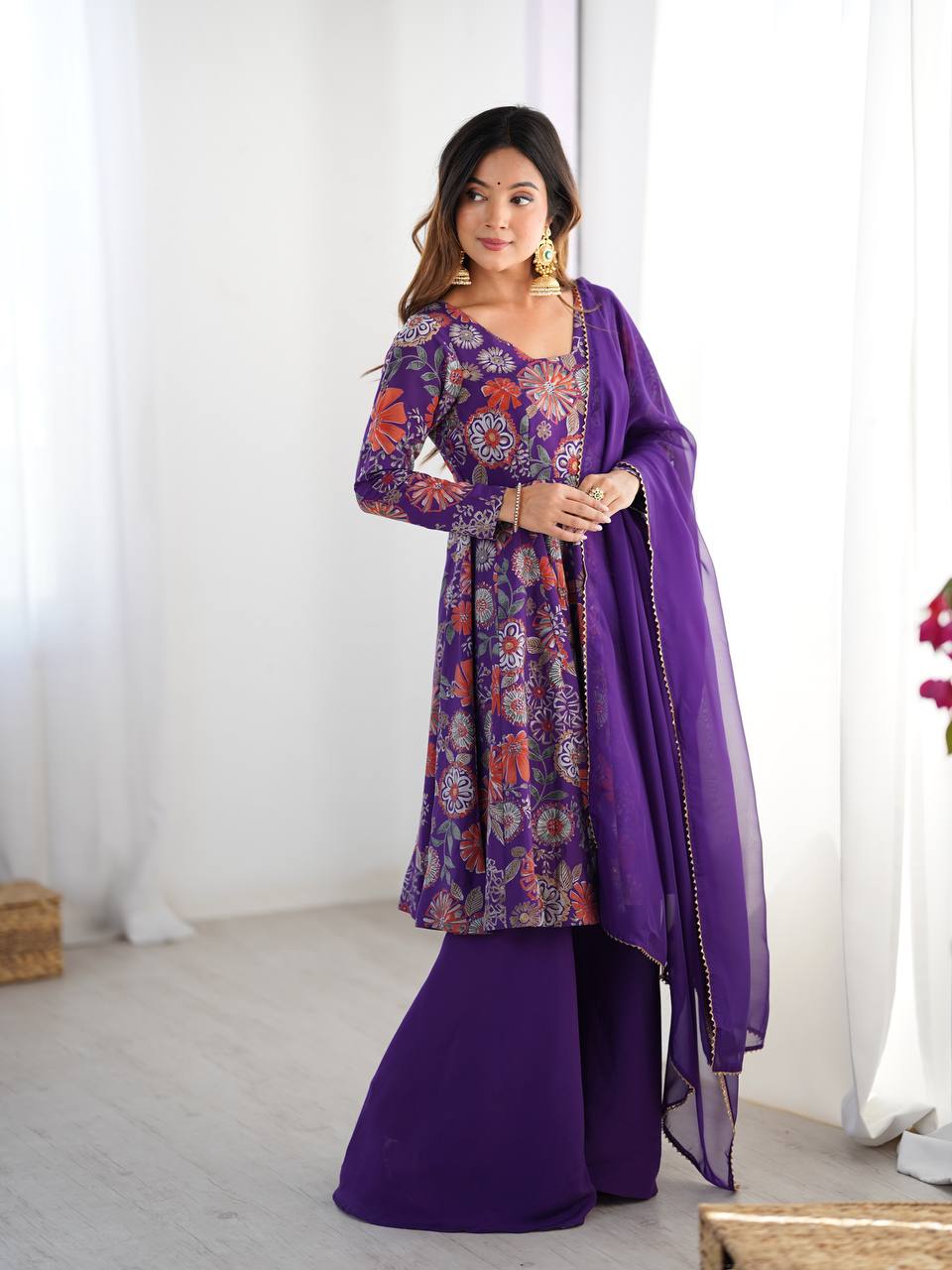 Wedding Wear Purple Color Heavy Pure Soft Chanderi Gown For Girls
