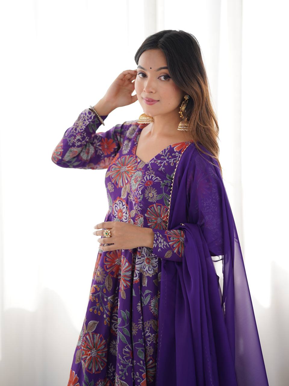 Wedding Wear Purple Color Heavy Pure Soft Chanderi Gown For Girls
