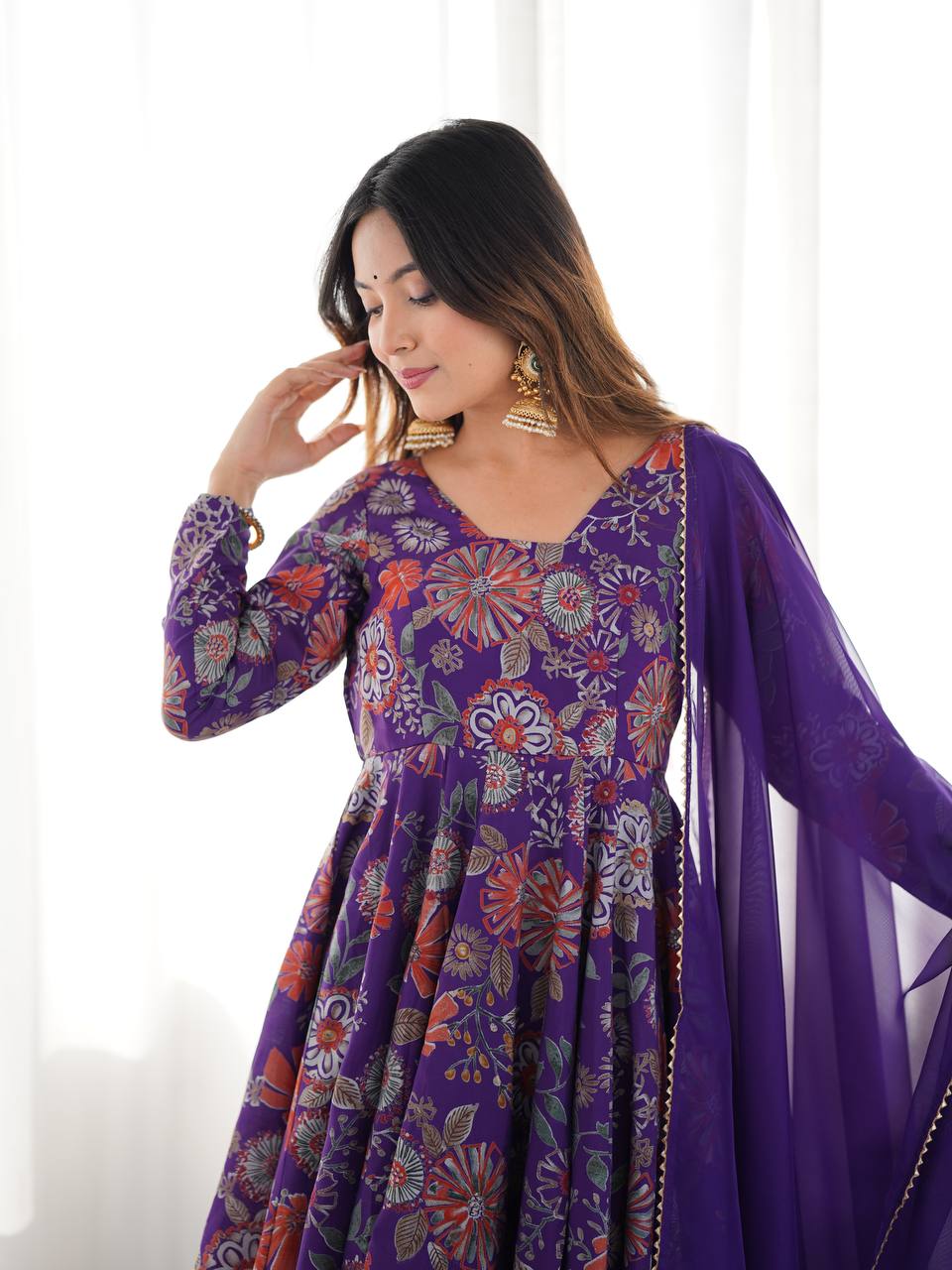 Wedding Wear Purple Color Heavy Pure Soft Chanderi Gown For Girls