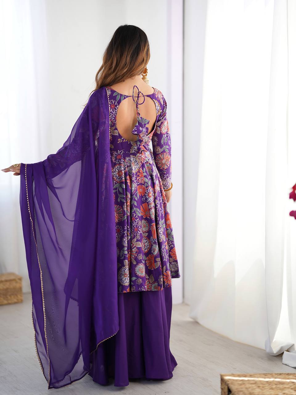 Wedding Wear Purple Color Heavy Pure Soft Chanderi Gown For Girls