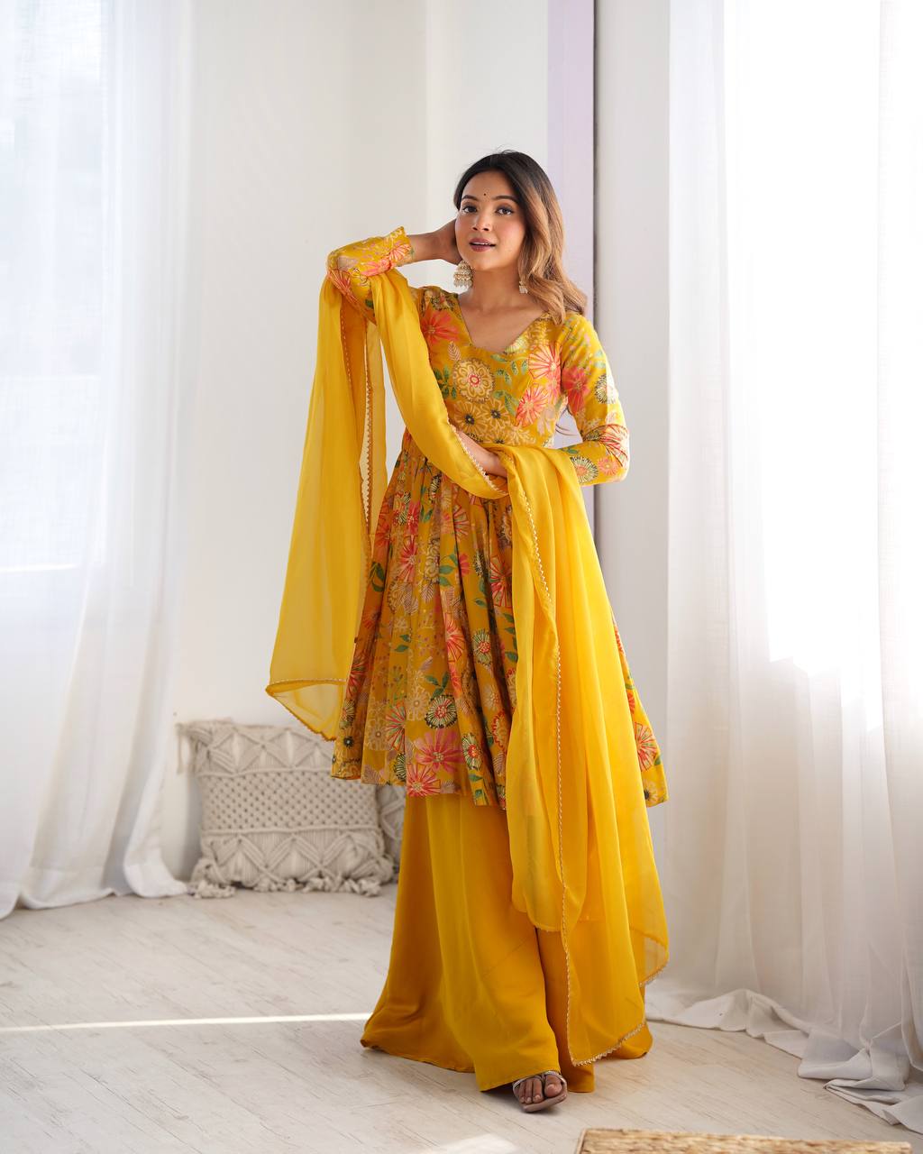 Party Wear Yellow Color Heavy Soft Chanderi Gown For Girls